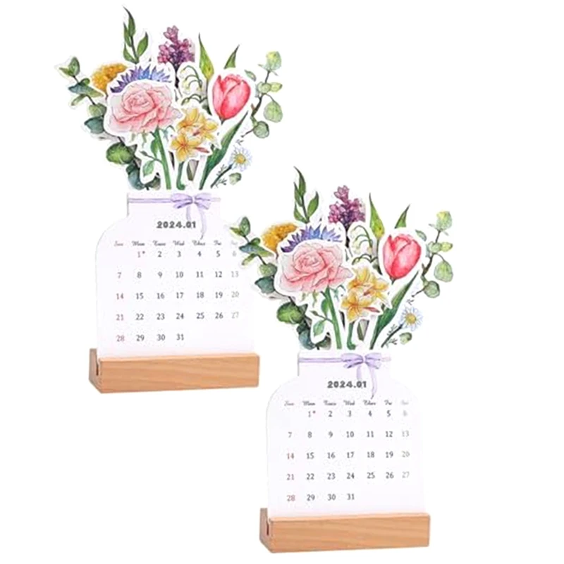 

2024 Bloomy Flowers Desk Calendar With Wooden Base, Creatives Floral Desk Calendar, Desk Calendar 2024 Beautiful Flowers