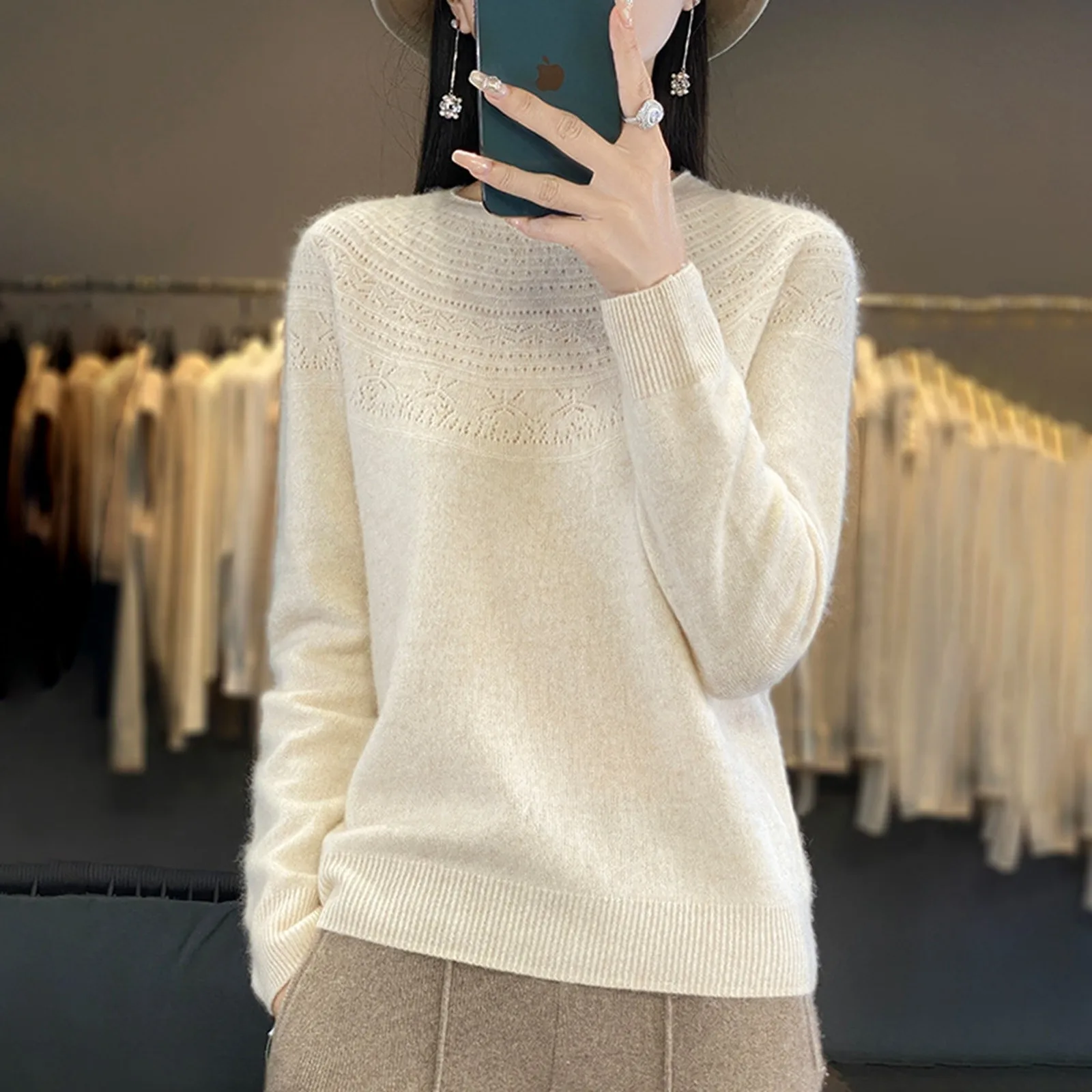 Women's First-Line Ready-To-Wear Cashmere Sweater 2024 Lady Loose Knitting Autumn Winter Western Style Solid Color Sweaters