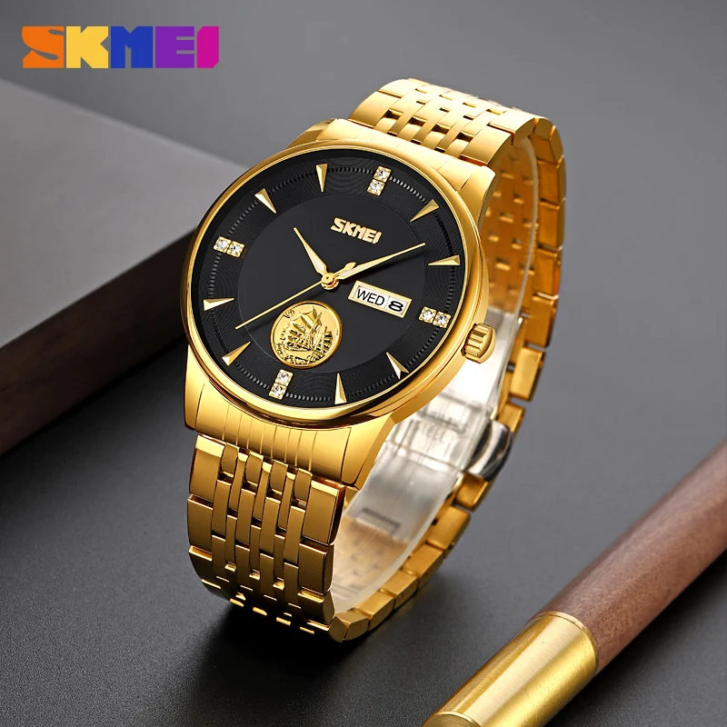 SKMEI Fashion Original Wrist Watches for Man Luxury Stainless Steel Strap Quartz Watch with Date Week Waterproof Sports Clock