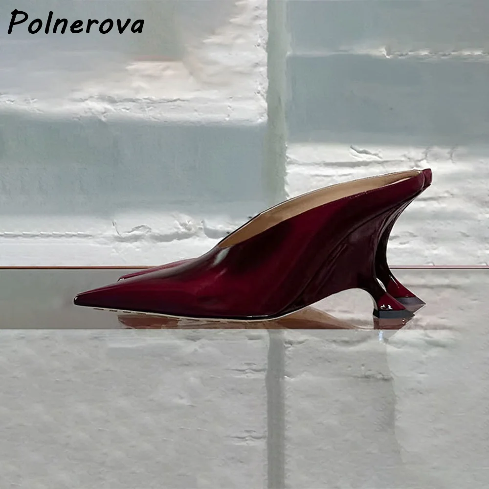 Silvery Strange Style Heels Slippers Pointy Toe Slip On V Shape Open Concise Outdoor Shoes Women Summer Leather All Match Shoes