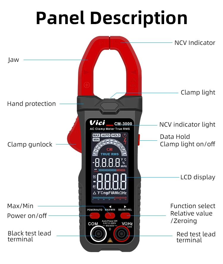 Vici CM-3000 & CM-3002 Smart Clamp Meter 800A AC Current True RMS NCV Auto-Ranging Multimeter with Backlight & Flashlight