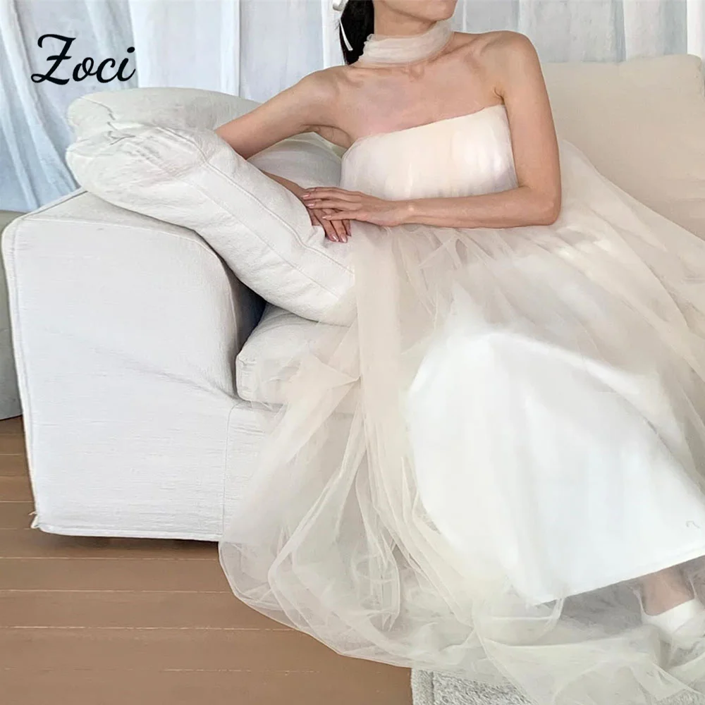 

Zoci Elegant Fairy Korea Wedding Pootos Shoot Dresses Beige Tulle Strapless Evening Gown Customized Wedding Reception Dress