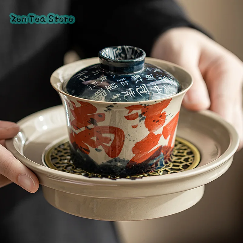 Hand-written Gingham Covered Bowl Teacup Ceramic Home Office Hand-painted Sancai Teahouse Supplies Kung Fu Tea Set