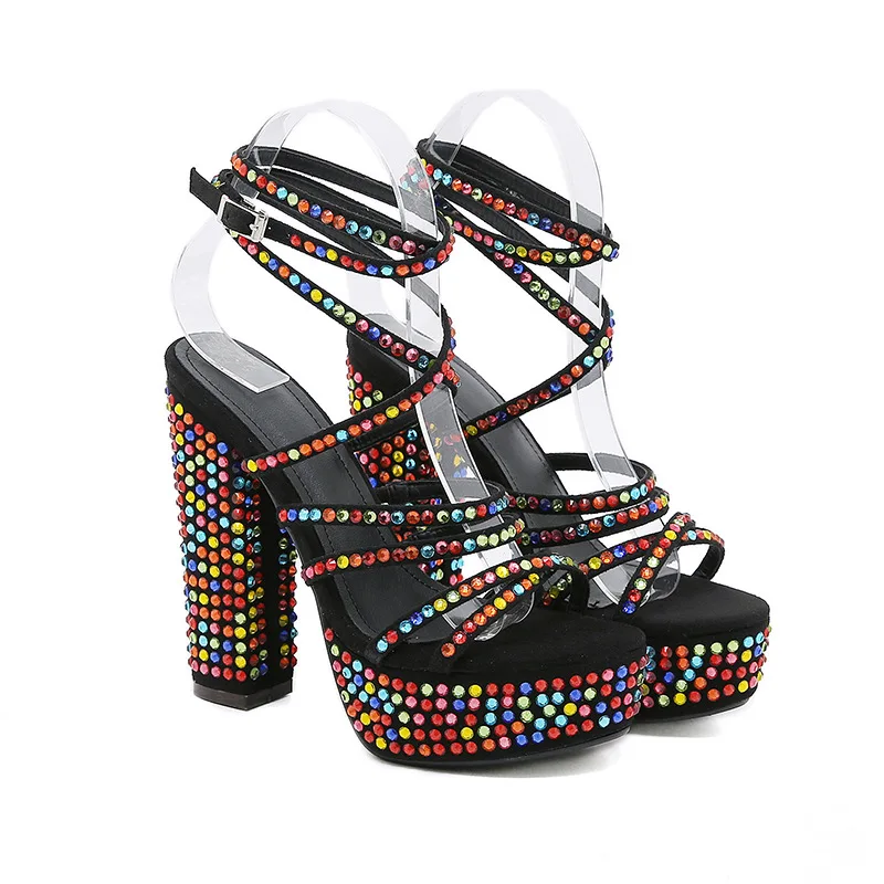 

Gorgeous Colorful Rhinestone Cross Strap High Heel Sandal 13.5 cm Ultra High Heel Waterproof Platform Walk High Heel Party