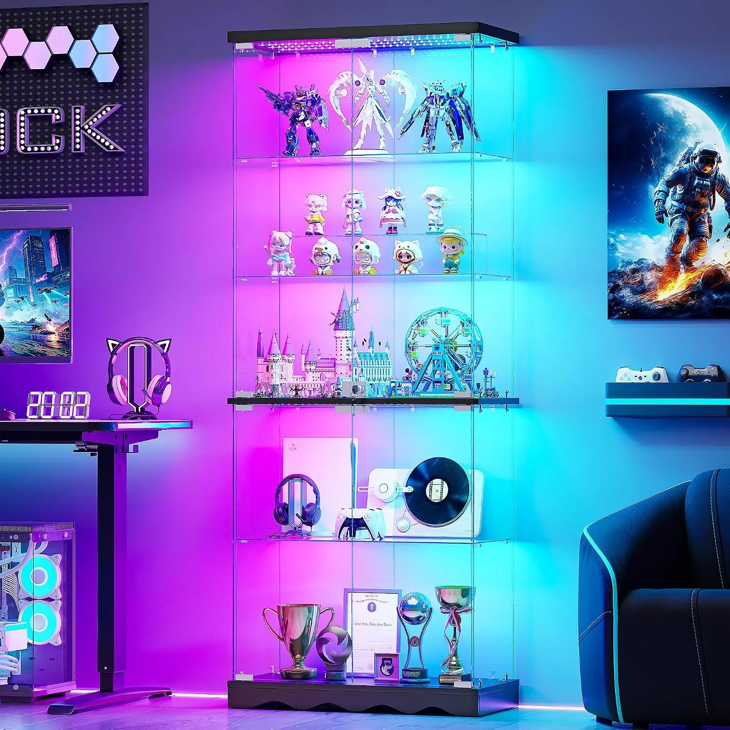 65 Inch 5 Tier Glass Display Cabinet with RGB Lights and Lock Black