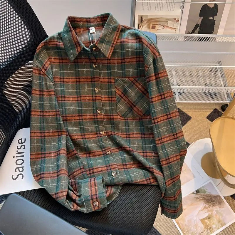 

Retro Long-sleeved Women's Brushed Shirt Autumn Long Sleeve Korean Style Clothes Top Winter Inner Shirts Office Lady Daily Wear