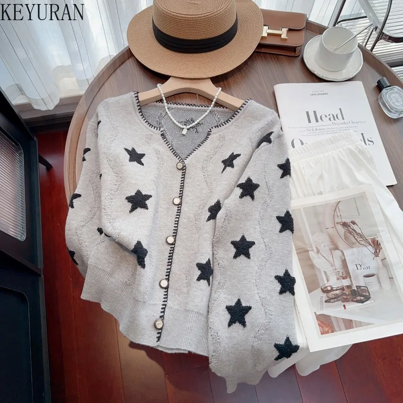 2024 Autumn Winter Loose Sweater Coat Women\'s Vintage V Neck Long Sleeve Button Star Graphic Knit Cardigan Jacket Knitwear Tops