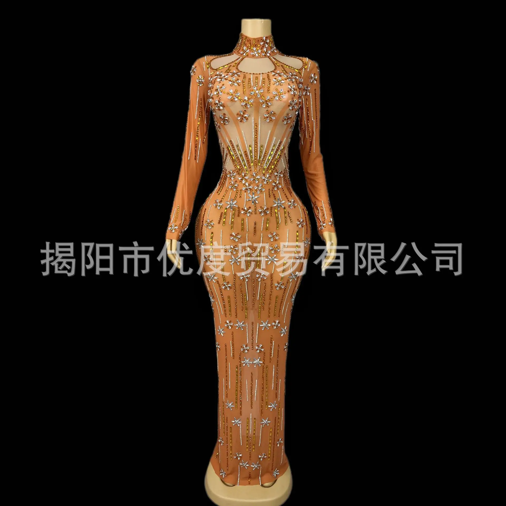 فستان بتصميم نحيف بأكمام طويلة من حجر الراين اللامع وحفلات أعياد الميلاد وحفلات الاستقبال وأداء الليل فستان طويل فساتين سهرة برتقالية