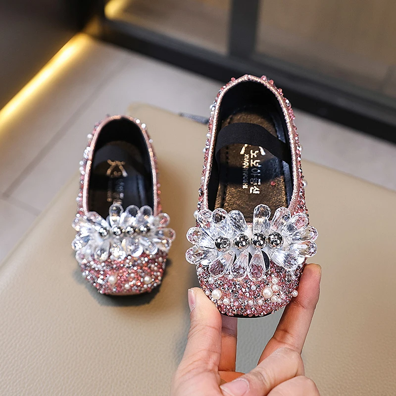 Spring Children's Rhinestone Crystal Princess Flat Shoes Girls Color Sequins Leather Shoes New Kids Single Shoe Soft-Soled Party