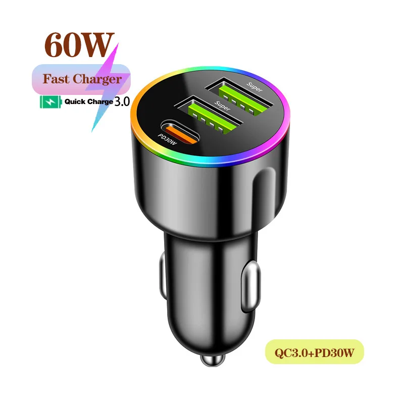 Color ambient lighting 2/3/4Port 30W/60W car charger PD30W car phone charger for phones fast charging cigarette lighter adapter