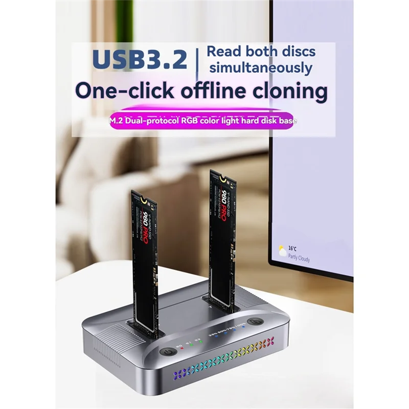 TTKK-M. 2 Stacja dokująca Dual-Bay na dyski SSD RGB NVME NGFF, USB3.2 GEN2 Type-C z transferem danych 20 Gbps, obsługuje klonowanie offline.