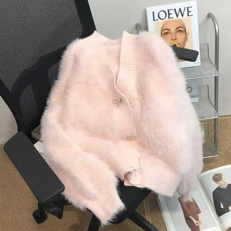 Elegant Knitted Cardigan Women Imitation Mink Cropped Sweater Coat Sweet Bow Knitwear Korean V Neck Soft Casual Jumper Tops New