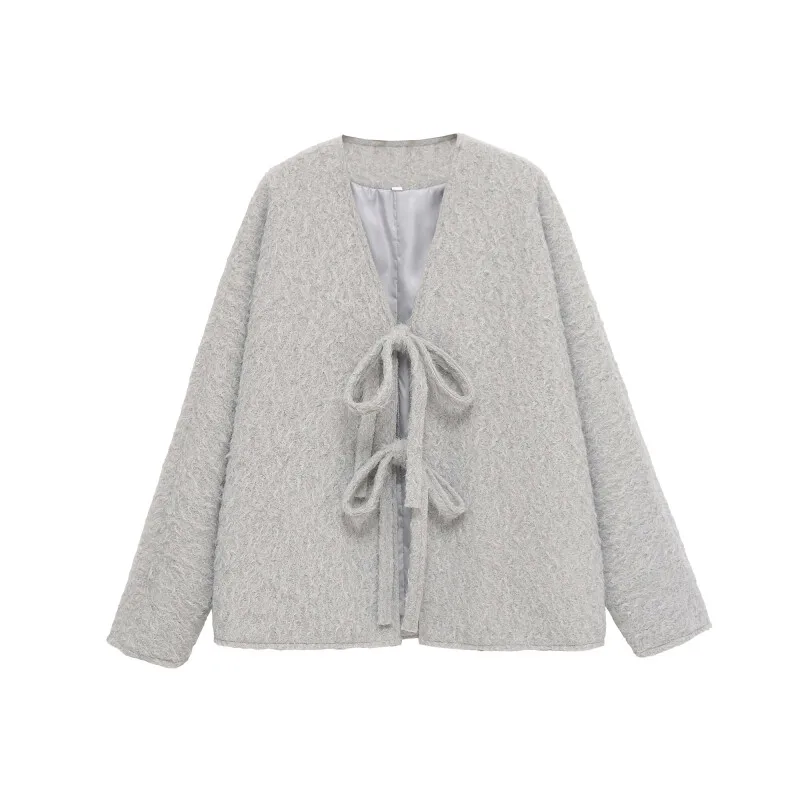 Cardigan in tessuto di lana da donna caldo autunno inverno Cappotto sexy con fiocco casual Abbigliamento da donna Maniche lunghe larghe Top femminili morbidi