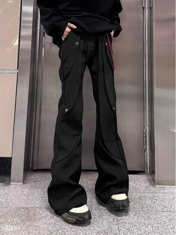 미국 하이 스트리트 수제 장식 마이크로 플레어 남성 캐주얼 팬츠 블랙 하이웨이스트 롱 트라우저 스트레이트 레그 워크웨어