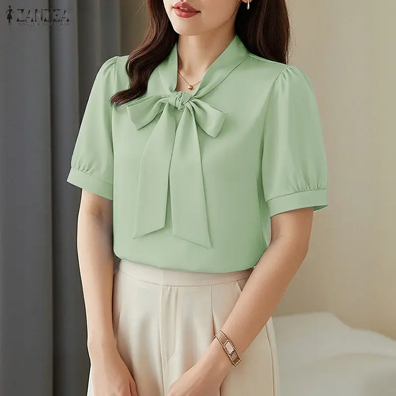 

Элегантные женские блузки ZANZEA с бантом на горловине, с рукавами-фонариками, однотонные топы, лето 2026, минималистичные повседневные блузы для женщин