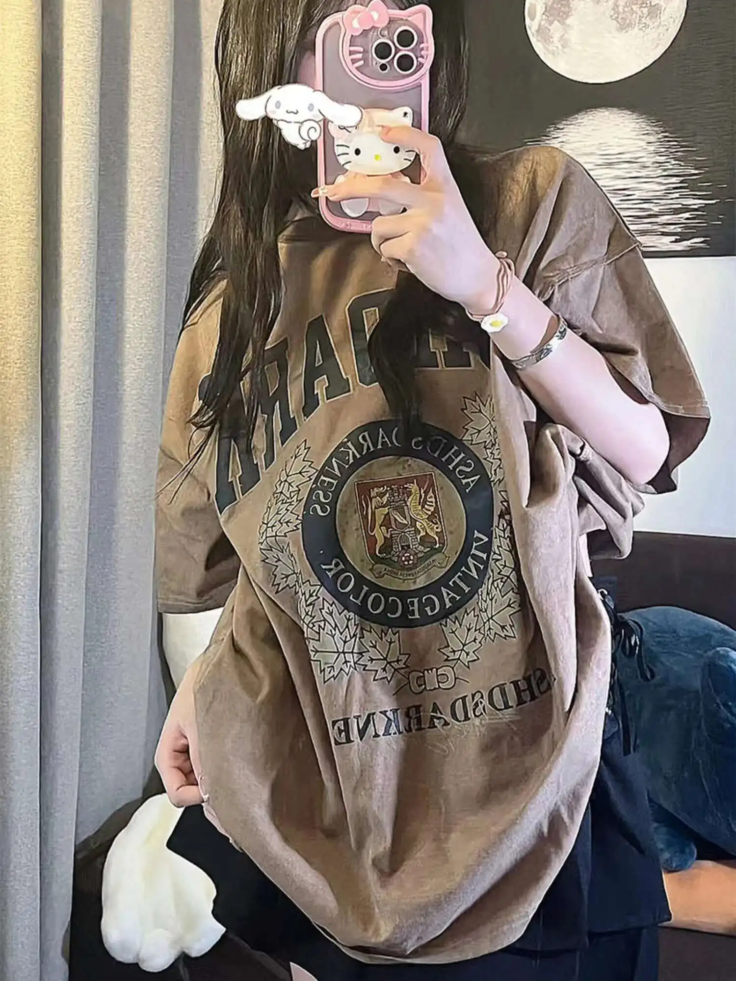 man women T-shirt 2025 Street American Oldschool Vintage Washed Badge Industrial Style Short sleeved T-shirt Women's Ins