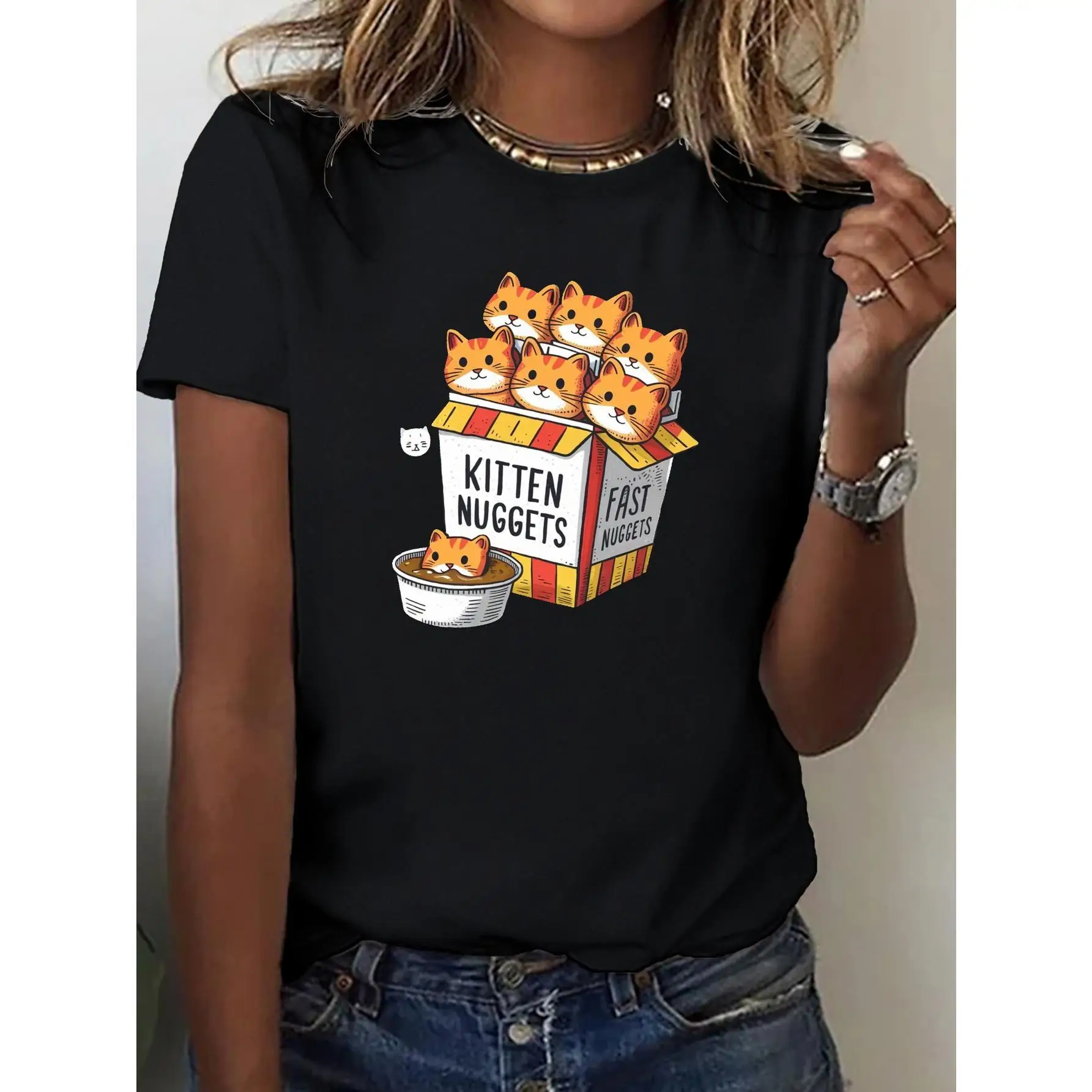 

Women's Casual Short Sleeve T-Shirt with Playful Kitten Nuggets Cat Graphic - Soft Round Neck Tee, Machine Washable, All-Season