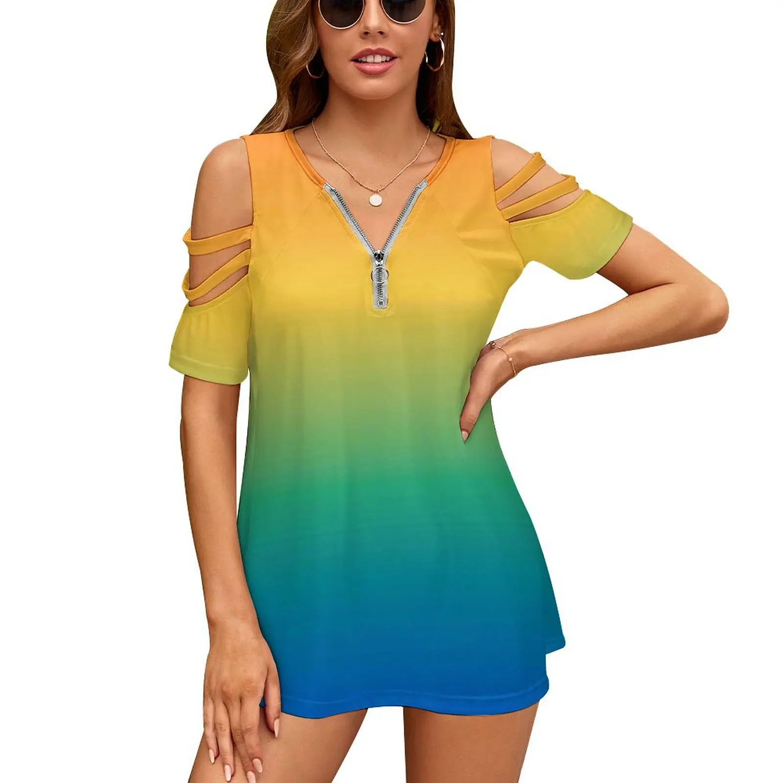 Flag Gradient New Fashion Zip Off Shoulder Top Short-Sleeve Women Shirt Pride Q Qia Qi Rainbow Gradient Gradients Colorful S S