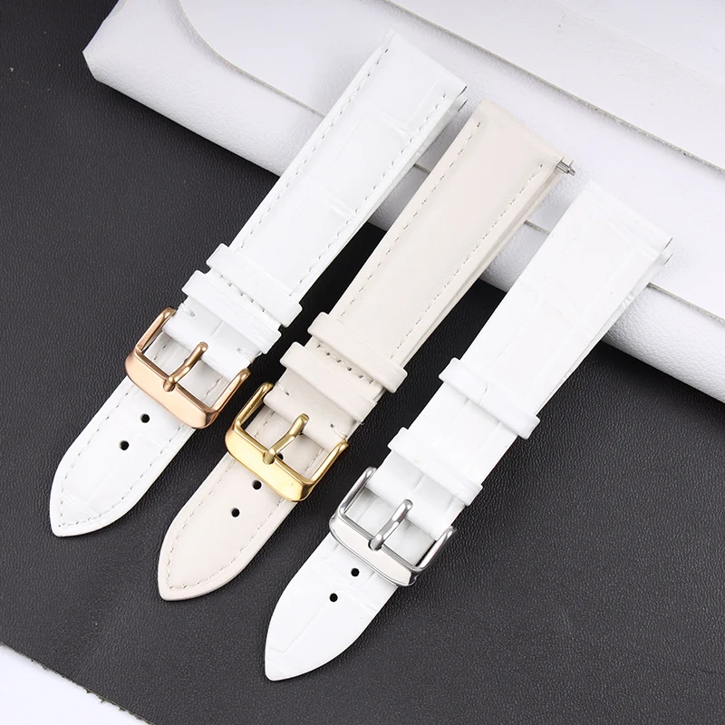 For Tissot Cartier DW White Strap 12mm 14mm 16mm 17mm 18mm 20mm Rose Gold metal Watch buckle Genuine Leather Women Watchband