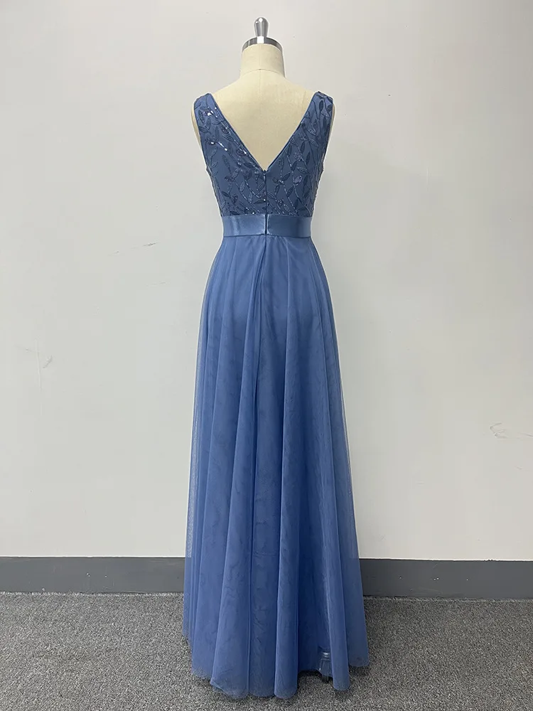 Robe de soirée en patchwork bleu foncé pour femme, taille commandée, double col en V, robe trapèze longue brodée, grande balançoire