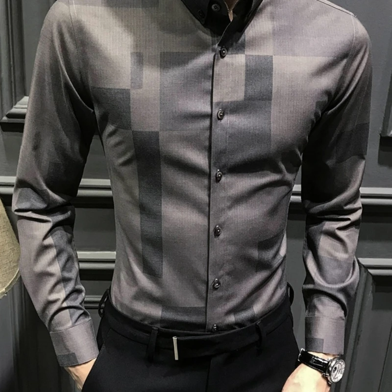 

2023 Spring New Long Sleeve Men's Clothing Trend Lapel Single-breasted Fashion Slim Korean Version Printed Business Casual Shirt