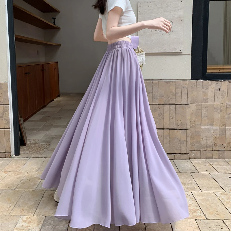 Chiffon A-Line Midi Skirt Women's High Waist Draped Half-length Ankle-grazing Polyester Fiber Blend Pure Color Versatile Style