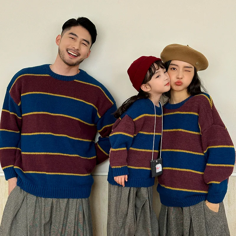 1-12 Year Sibling Girl Boy Brother Sister S-3XL Mom Dad Family Matching Outfits Color Patchwork Striped Winter Kids Baby Sweater
