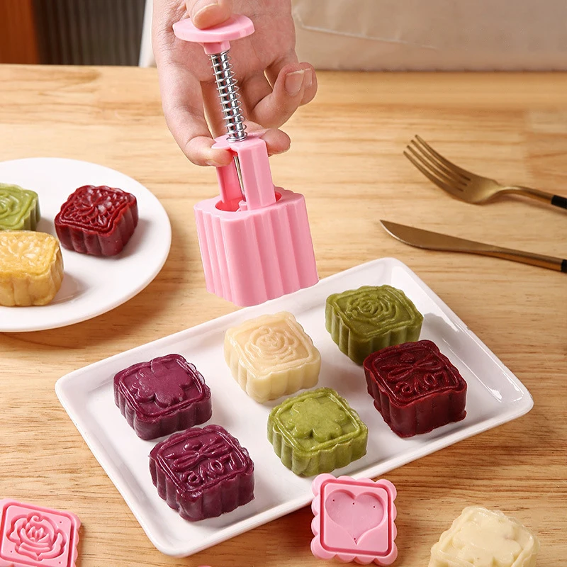 Juego de 5 Moldes para Pastelitos Estilo Chino, Moldes para Pastelitos con Prensa Manual, Moldes para Repostería del Festival de Medio Otoño, Herramientas para Decoración de Pasteles