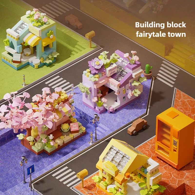 Mini City Street View Flower Shop Food House Building Blocks Kit Home Decor Girls Assembly Bricks Model Kids Educational Toy