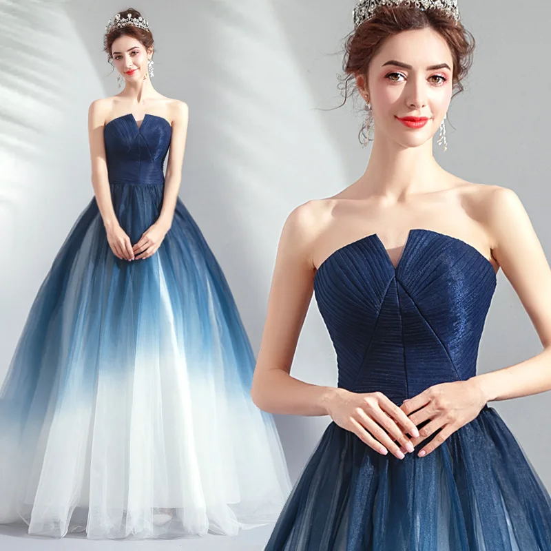 Fantasy Starry Sky Gradient Blue Banquet Tube Top Student Performance Costume Art Test Host Catwalk Wedding Evening Dress