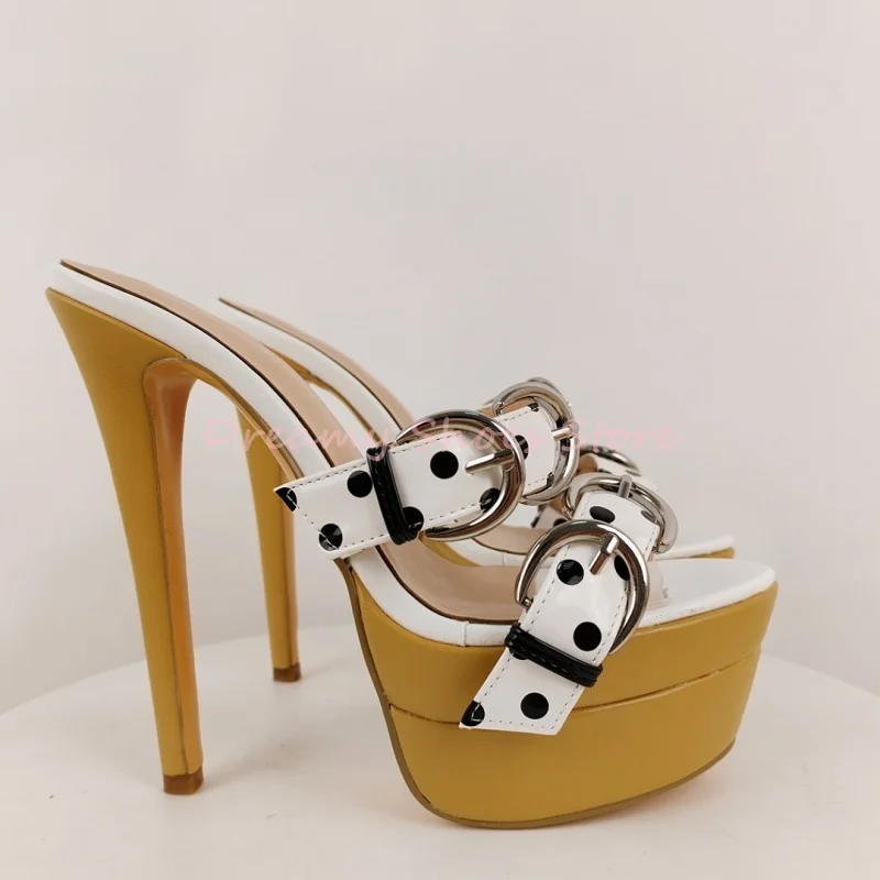 White Polka Dot Double Buckle Strap Platform Mules Slippers Women Open Toe Slip On High Heels Fashion Trendy Party Summer Shoes