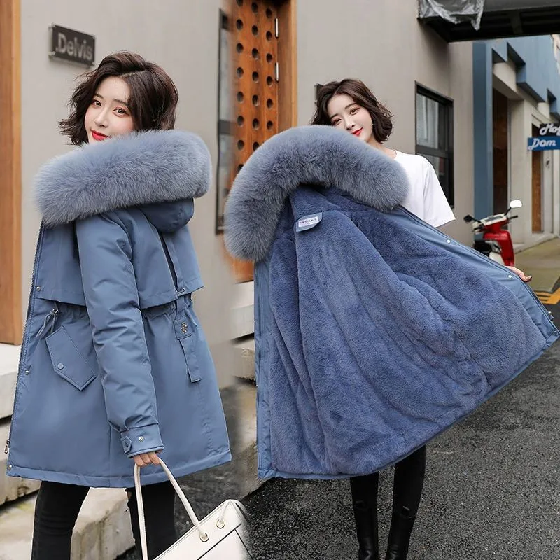 Winter New Slim With Fur Collar Warm Snow Wear Padded Clothes Jacket Women Fashion Plush Lining Hooded Parkas Long Coat