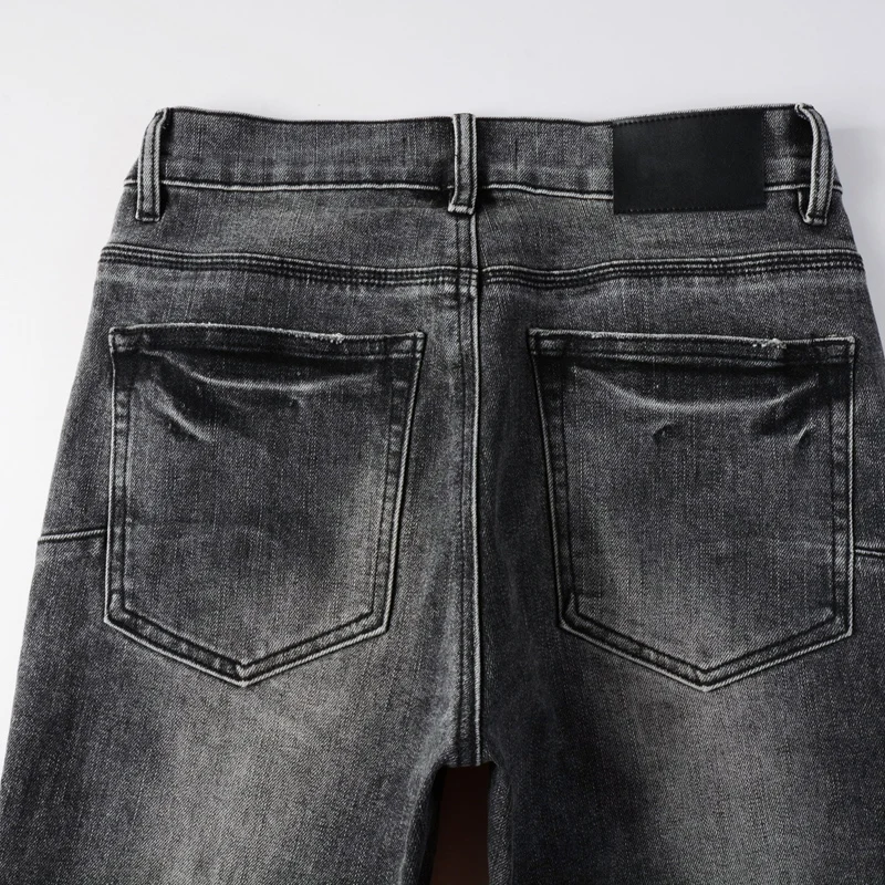 Jeans Merek Tren Amerika Celana Skinny Denim Tambalan Robek Pria Abu-abu Asap High Street Celana Kaki Lurus Melar Musim Panas