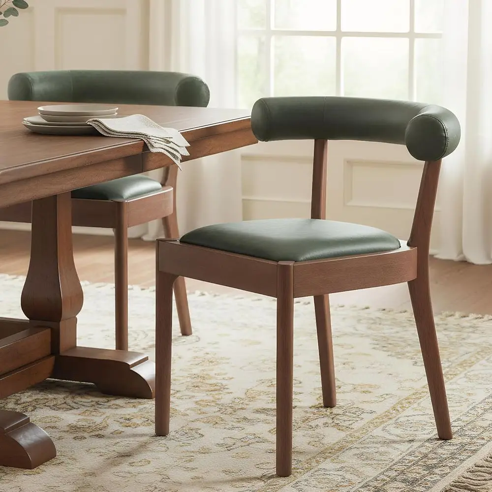 

Dining Chairs Set of 2, Faux Leather Upholstered Kitchen Chair with Open Back, Retro Wooden Side Chairs for Dining Room/Lounge/R