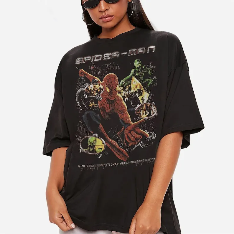 레트로 90년대 스파이더맨 오마주 티셔츠 남녀공용 그래픽 코튼 프린트 티셔츠 여름 빈티지 마블 어벤져스 스파이더맨 팬 티셔츠