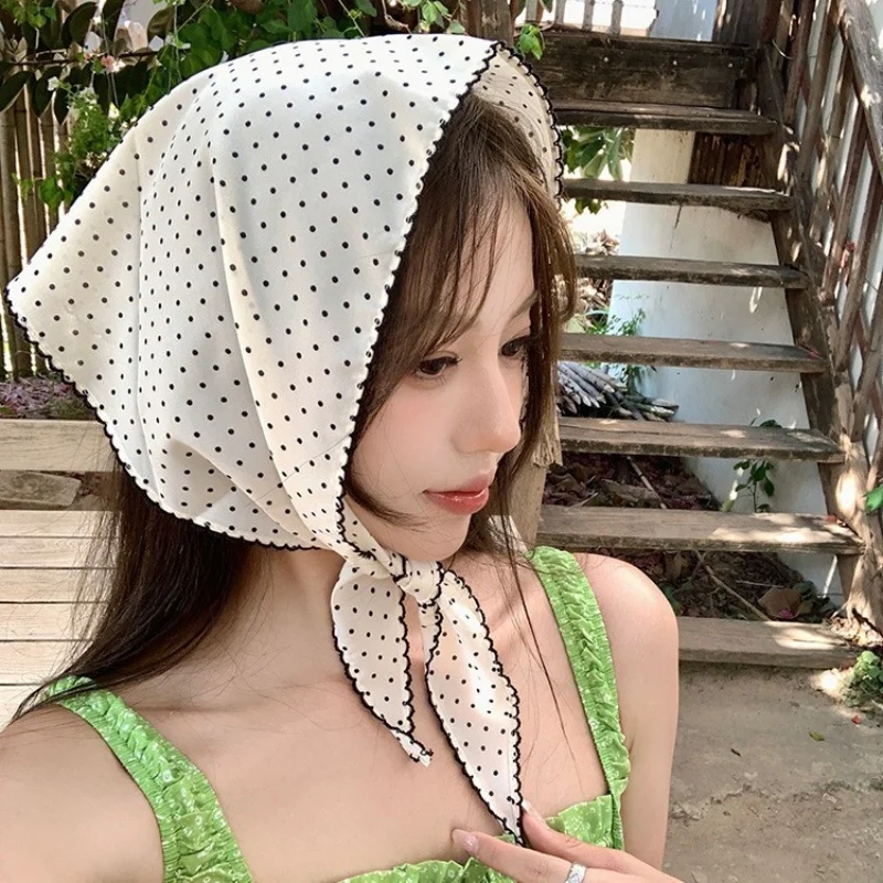 

Sweet Polka Dot Triangle Headscarf Women Striped Lace Neck Scarf Headband Korean Pastoral Headwrap Summer Sunscreen Hair Scarf