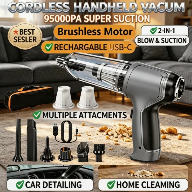 95000PA Car Vacuum Cleaner  Wireless Powerful Cleaning Machine Auto Robot Car Accessories Home Appliance Strong Suction As Gift