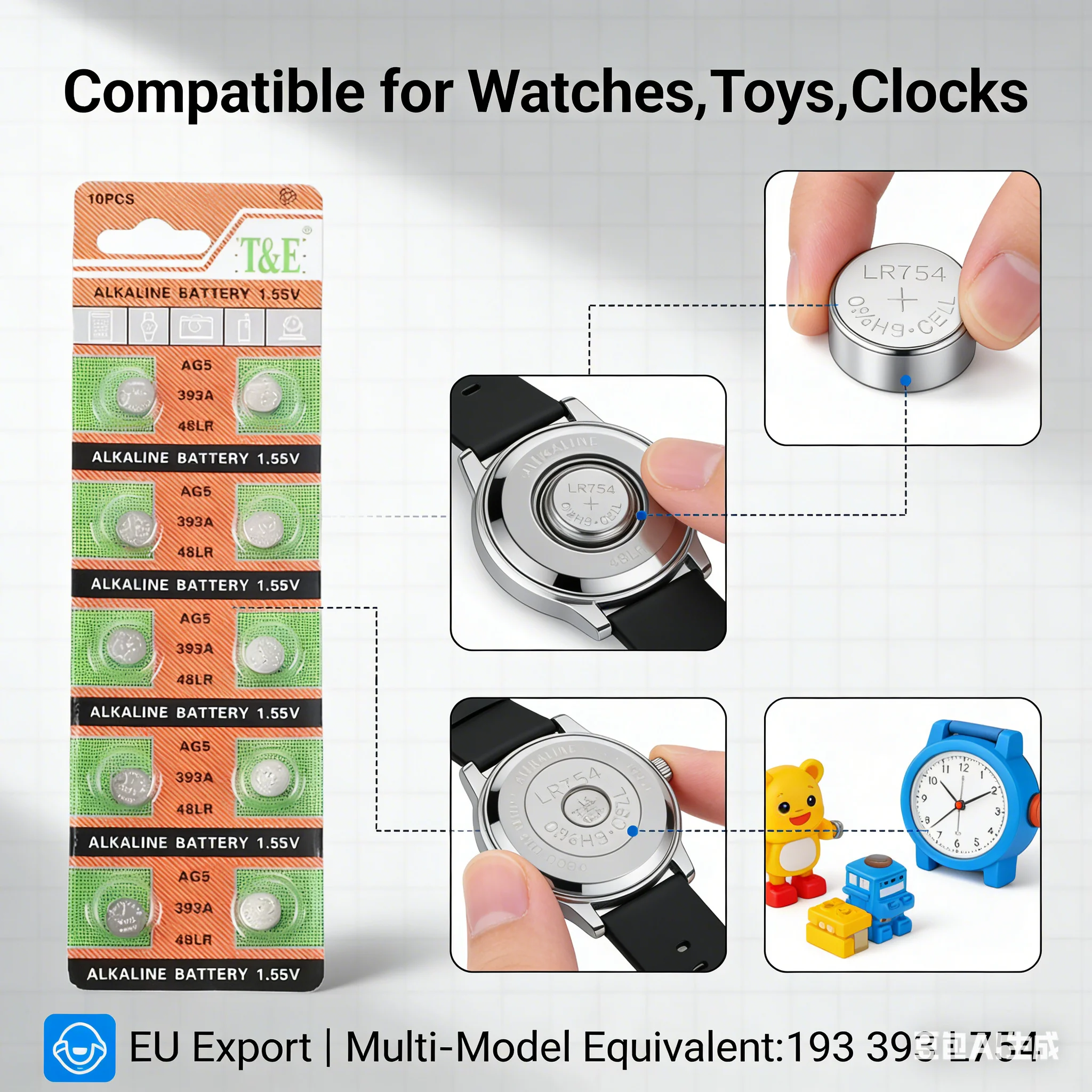 

Alkaline round Coin Button Battery 1.55V AG5 LR754 LR48 SR754 SR754SW 193 393 L754 Compatible for Watches Toys Clocks