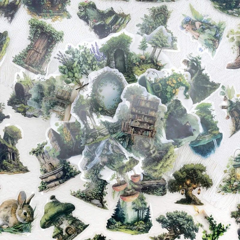 50PCS Forest Style Transparent Stickers Luggage Guitar Skateboard Phone DIY Waterproof Notebook Stickers Cartoon Natural Elf