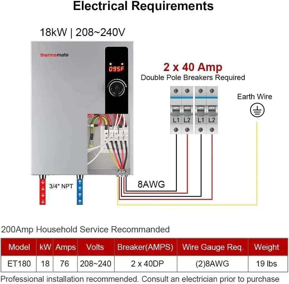 Aquecedor de água sem tanque elétrico 18kW 208 ~ 240 volts, aquecedor de água quente sem fim instantâneo sob demanda, temperatura digital