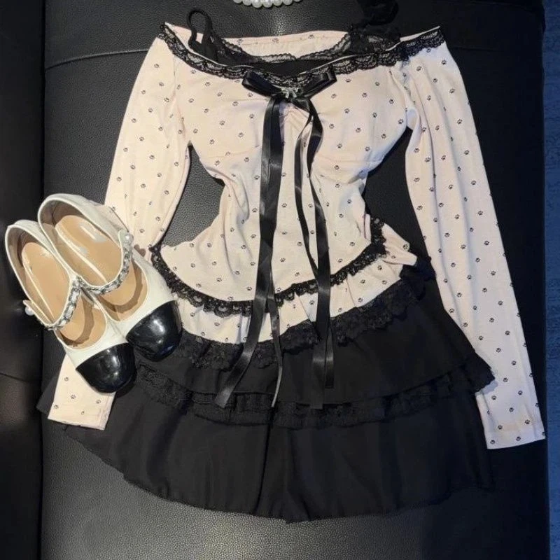 

Sweet Japanese Style Y2K Two-piece Set Women's Bowknot Polka Dot Tops + Lace Slightly Stretchy Dress High Street Chic Party Set