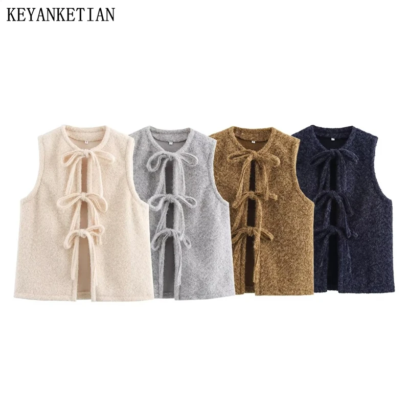 

KEYANKETIAN 2025 Spring New Women's Bow Lace Up Woolen Waistcoat Loose Vest Leisure style O-Neck Solid color Sleeveless Blazer
