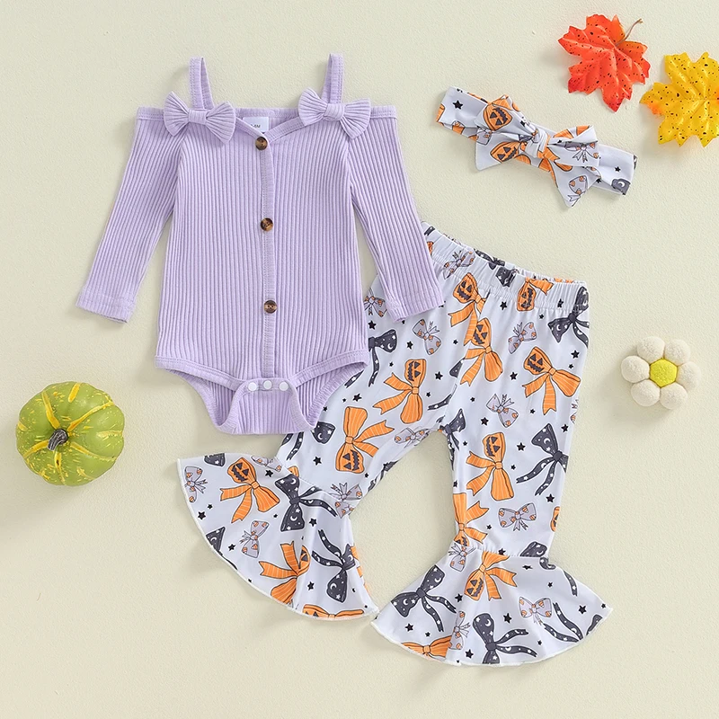 

Suefunskry Baby Girls Halloween Set Long Sleeve Boat Neck Bow Cami Romper Pumpkin Print Flare Pants Hairband 3Pcs Outfits