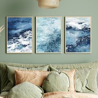 Vintage Navy Blue Watercolor Ocean Coastal Ocean Wave Sea Poster Bedroom Living Room Wall Decor Self-adhesive Painting Gifts