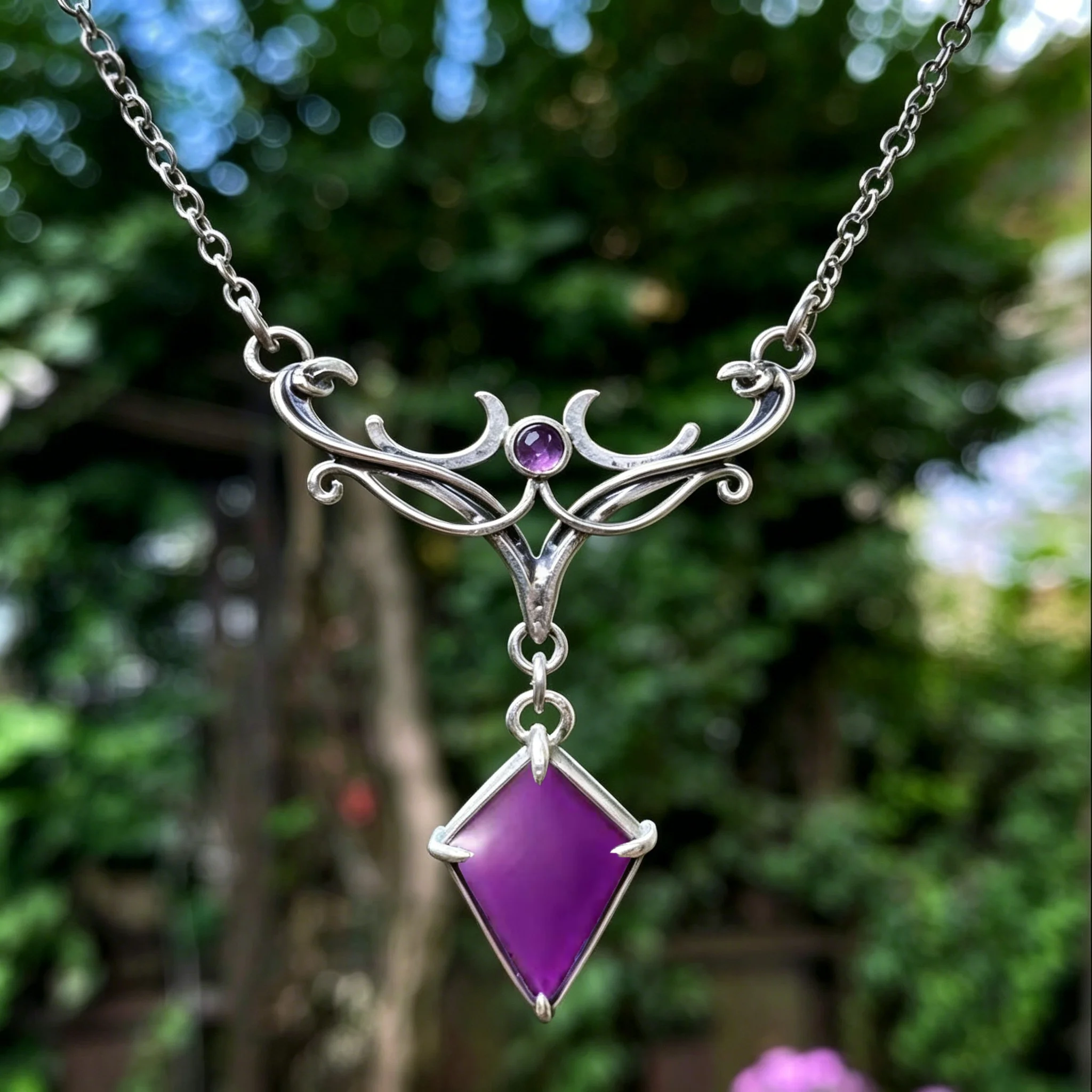 A tribal-style curly vine necklace paired with a purple synthetic gemstone pendant for a date, party or event.
