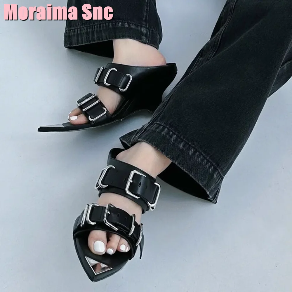 

Metal Pointed Toe Belt Buckle Slippers Strange Wedges Heel Black Solid Sexy Women Shoes Summer Slides Punk Style Fashion Slip On