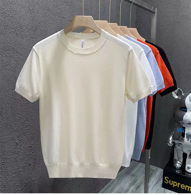 Solid Color Knitted Sweater Short Sleeved Spring Summer Thin T-shirt Men\'s Trendy Handsome With a Matching Base Shirt Tops