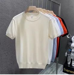 Solid Color Knitted Sweater Short Sleeved Spring Summer Thin T-shirt Men's Trendy Handsome With a Matching Base Shirt Tops