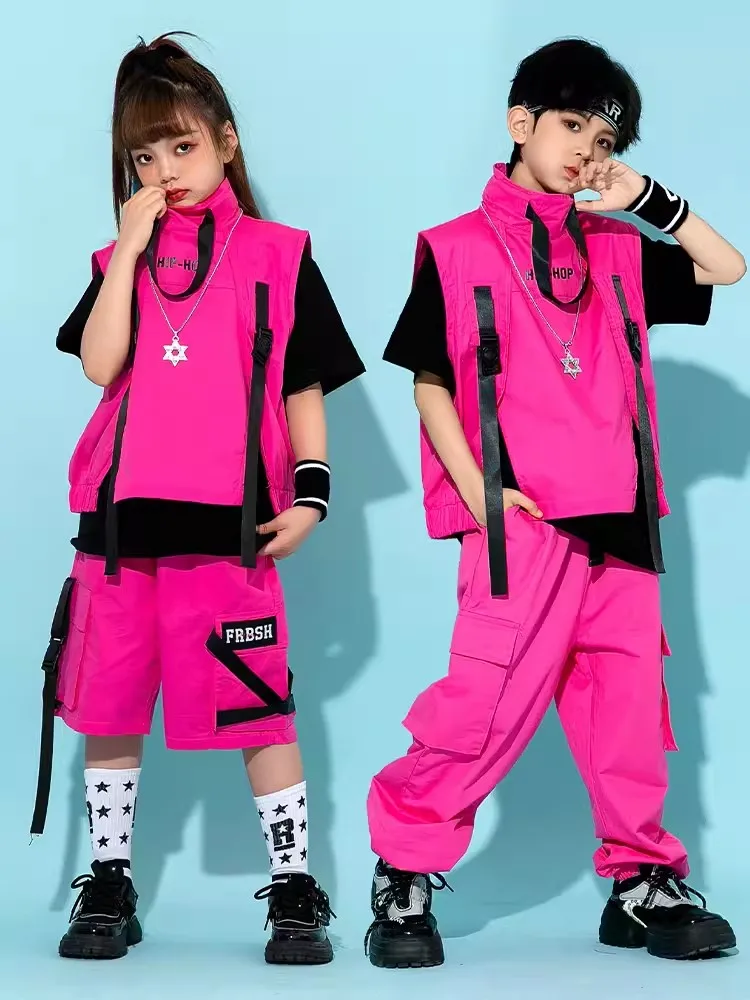 Children Hip Hop Costume Boys Girls Jazz Dance Fashion Clothing Pink Vest Pants Street Dance Drum Stage Performance Wear BL10929