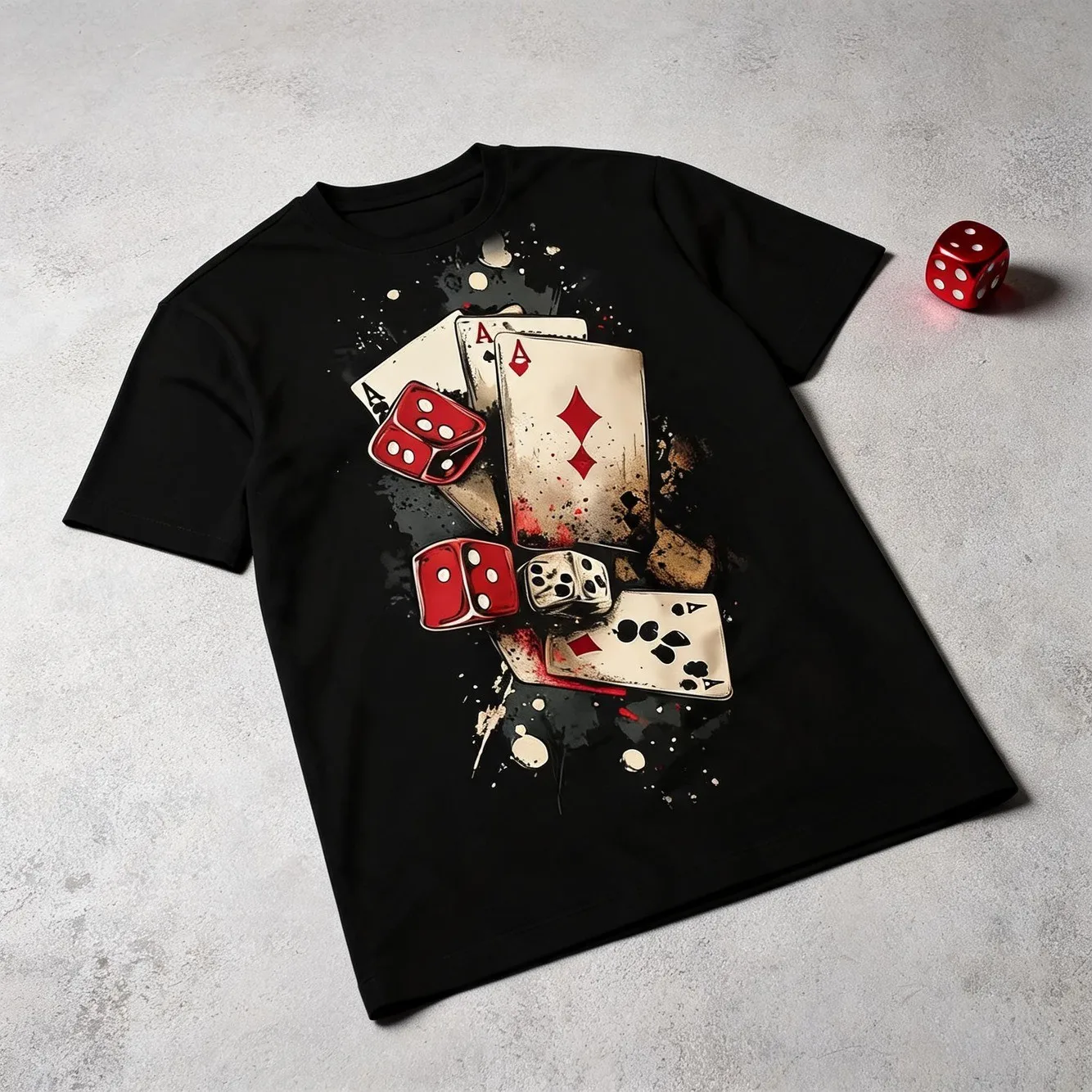 Mens Splattered Dice Graphic Tshirt Breathable Fabric Casual Round Neck With Red Gaming Design For Themed Parties Casual Comfortable Graphic Print Shirt For Everyday Outdoor Activities
